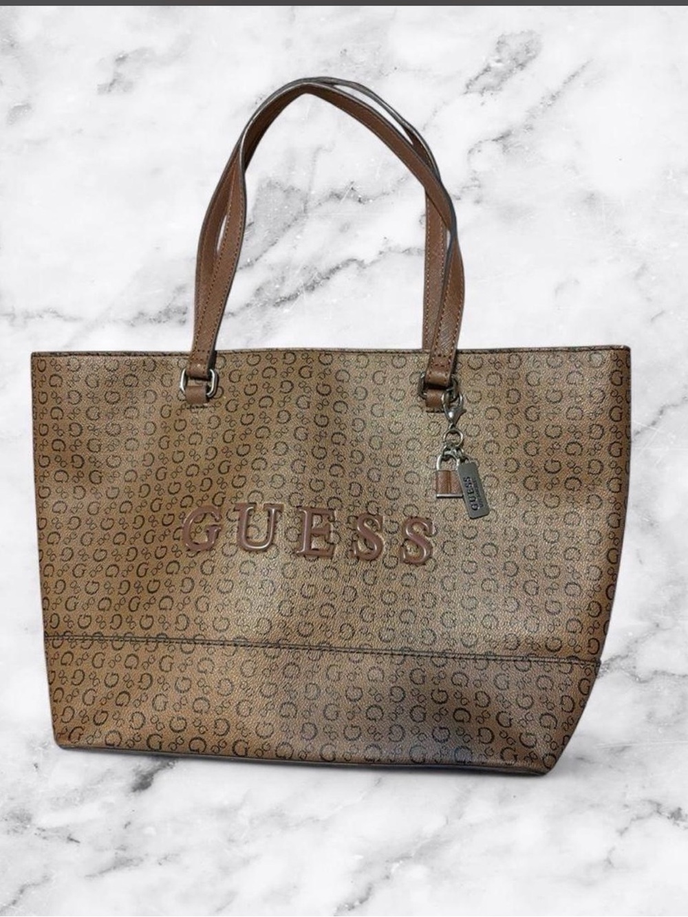 GUESS Brown Logo Monogram Tote